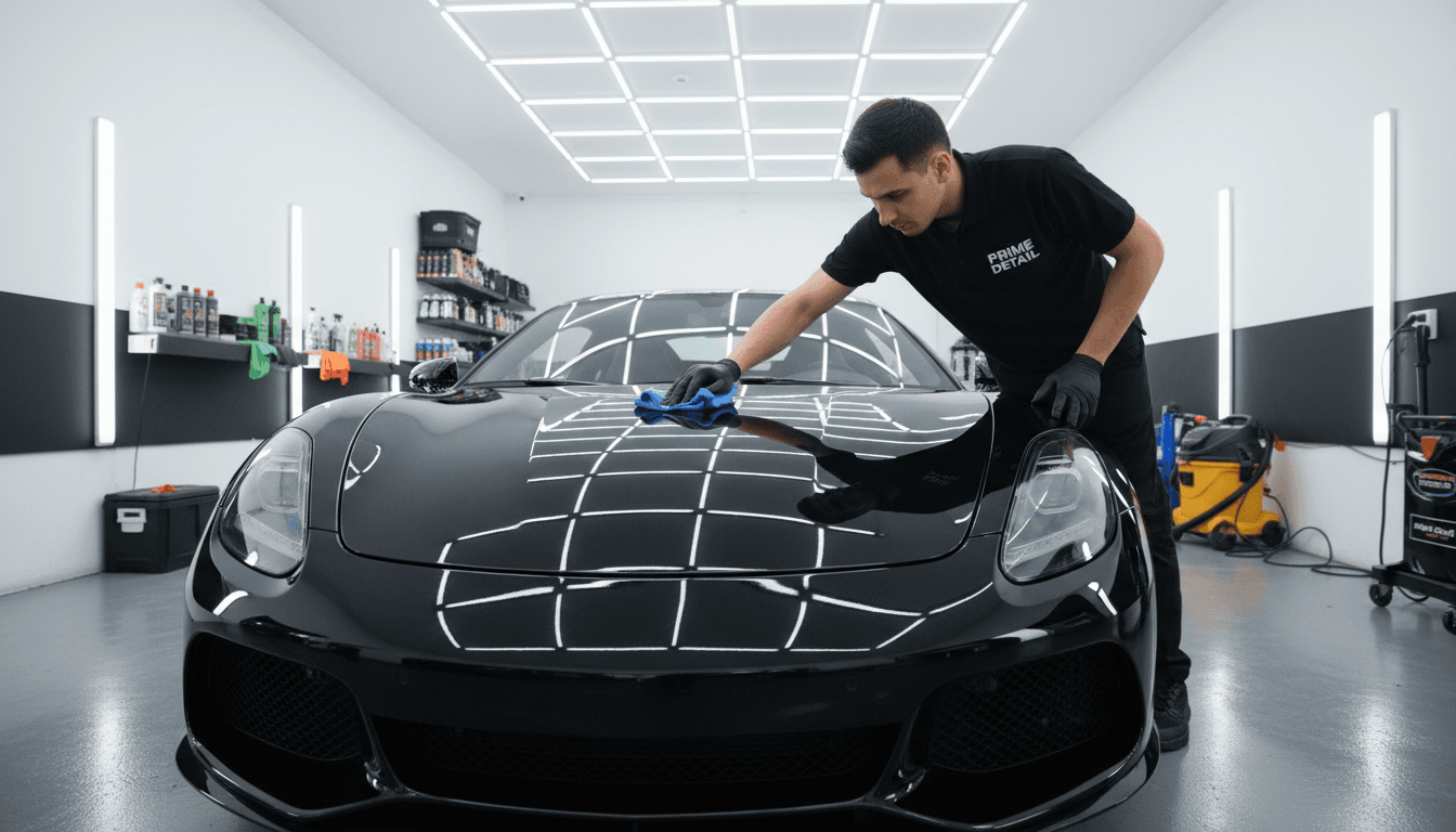 Professional auto detailer polishing a freshly detailed black vehicle with precision