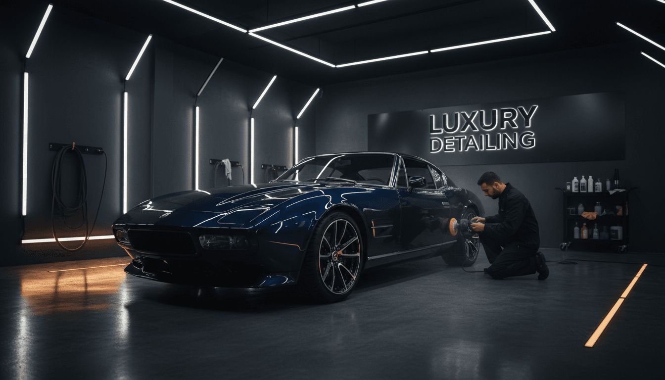 Professional detailer polishing a vehicle to a mirror shine in a clean, modern detailing shop