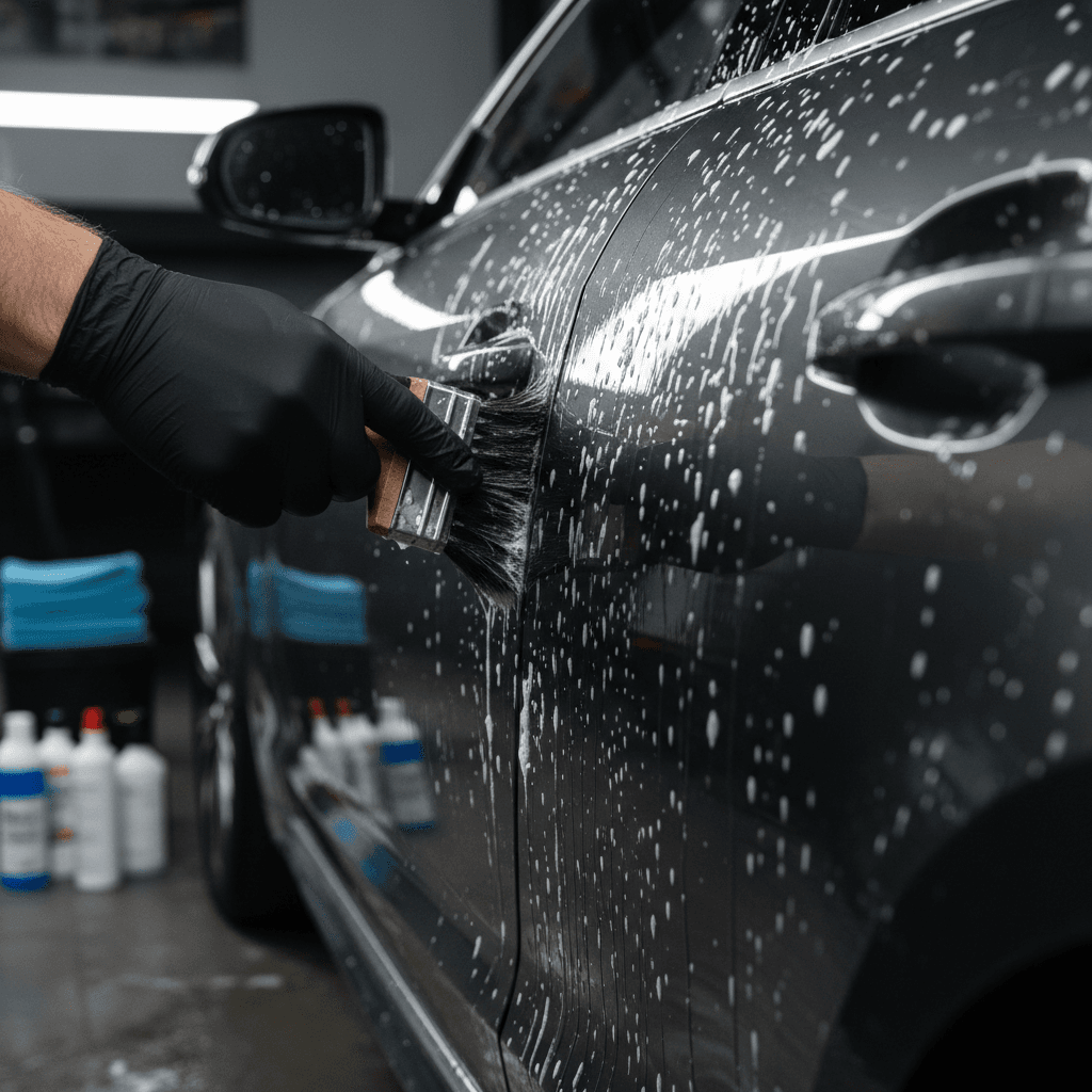 Professional detailer carefully washing a clean sedan with microfiber cloth and premium products