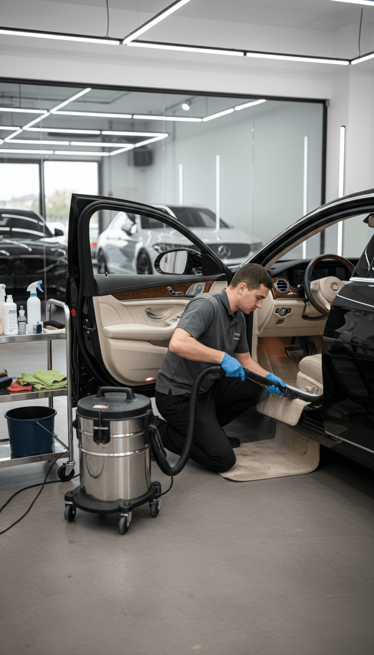 Detailer inspecting fresh clean car interior