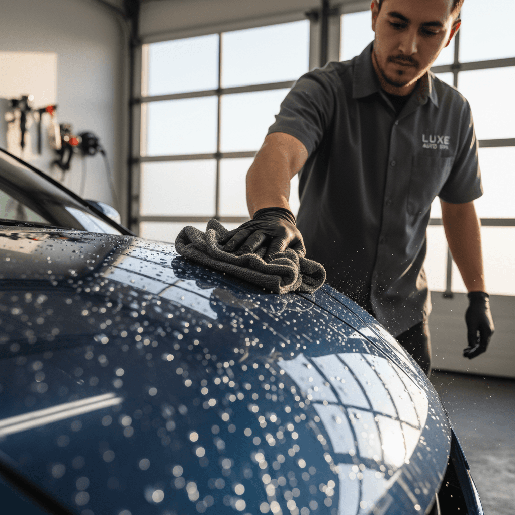 Professional detailer washing a freshly detailed vehicle with precision care