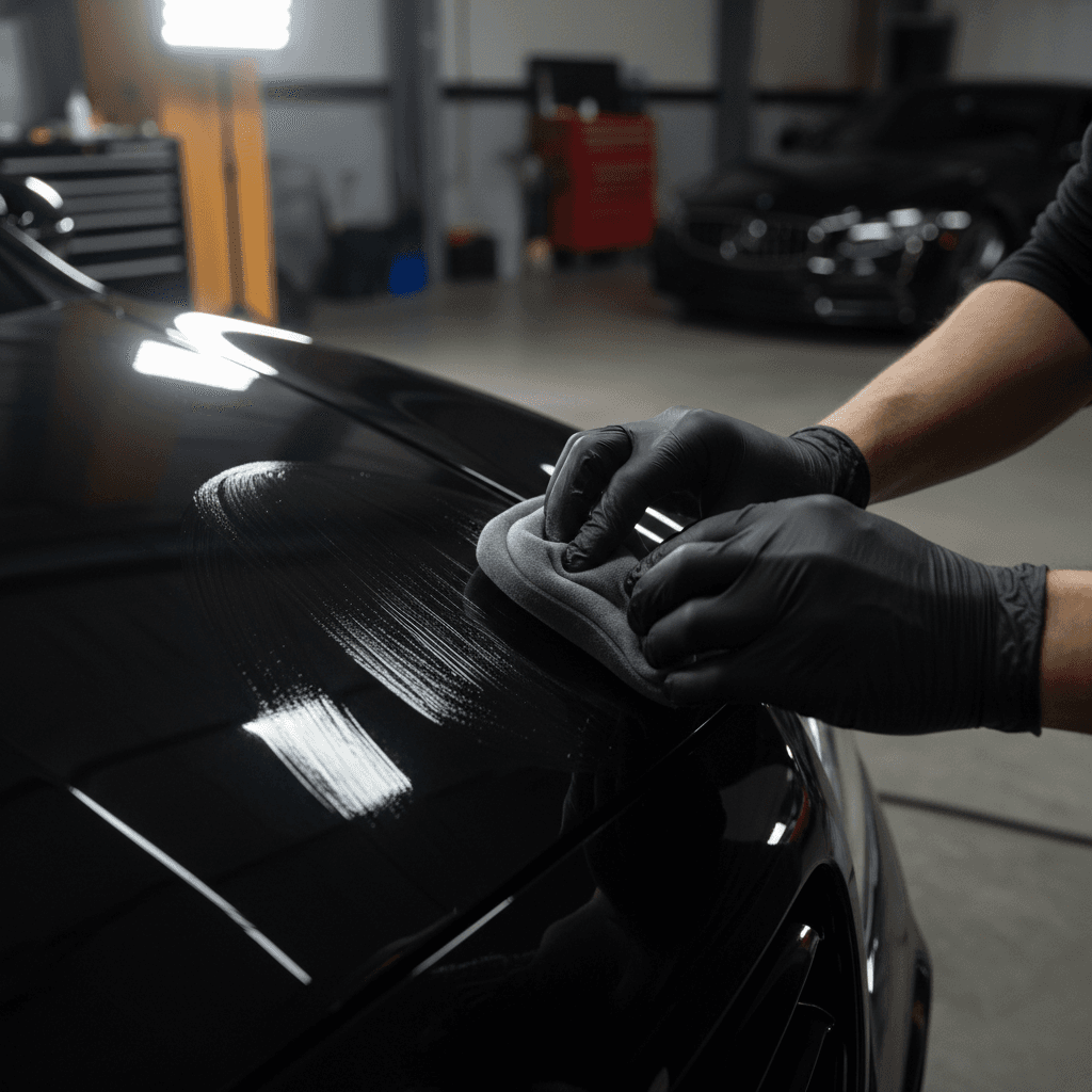 Before and after car exterior detailing showing transformation from dirty to sparkling clean