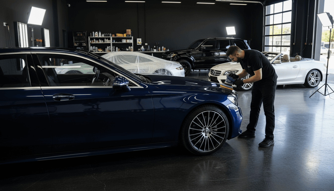 Professional detailer polishing a clean vehicle in a modern detailing shop