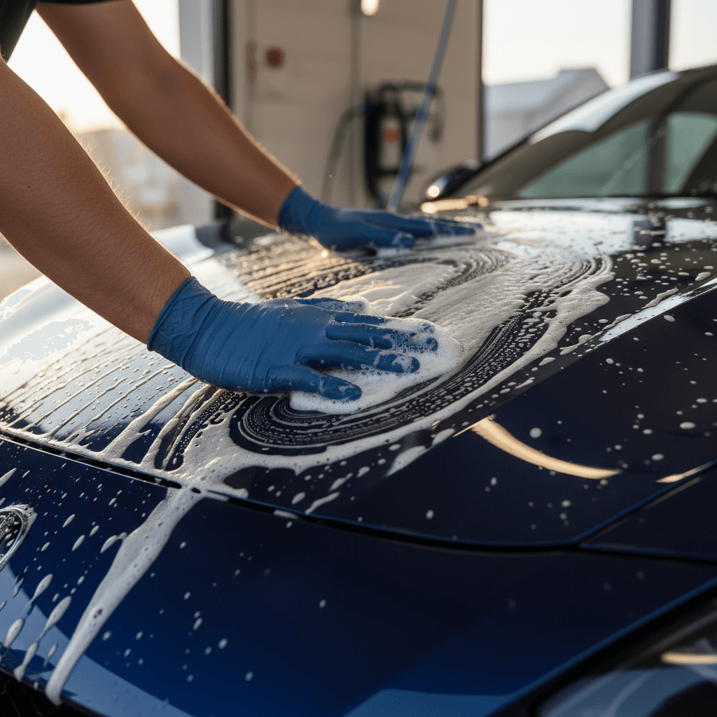 Oso Fresh Detailing specialist washing a vehicle exterior