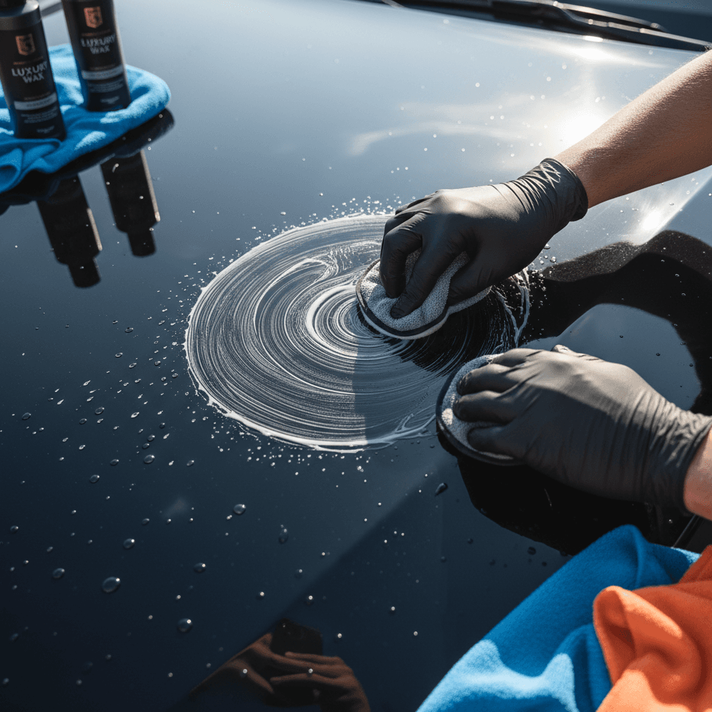 Auto detailing technician polishing car exterior