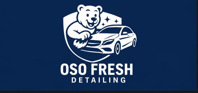 Oso Fresh Detailing logo featuring a friendly bear cleaning a car inside a white shield.